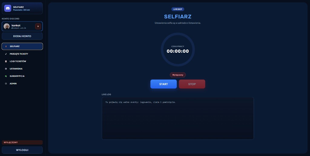 Panel Selfiarz — live bot, start/stop i logi